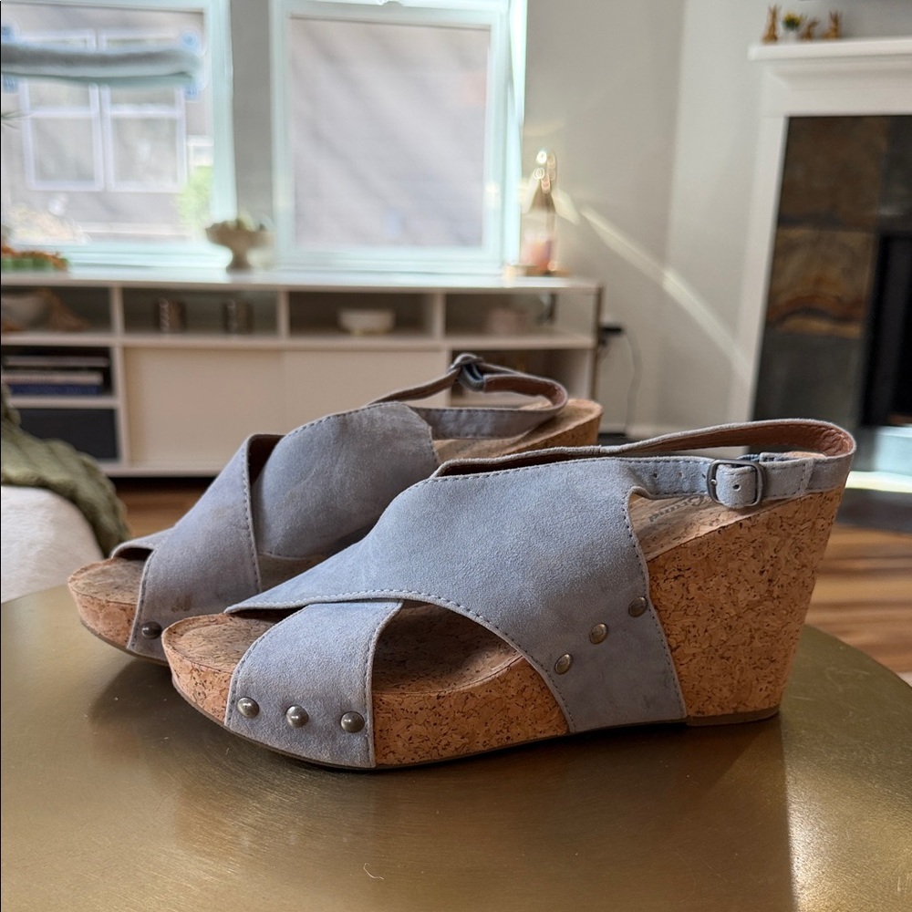 Lucky Brand Light Powder Blue Suede Cork Wedge Sandals